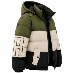 Men's Winter Color Block Hooded Puffer Jacket With Letter Print Zip-Up Stand Collar Windproof Casual Outerwear - Product Image 4