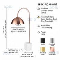 Lampe chauffante électrique infrarouge 250W avec base en marbre pour buffet, idéale pour hôtels, restaurants et usage commercial