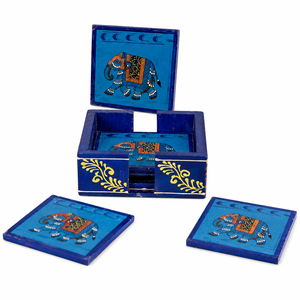 Ensemble de dessous-de-verre carrés en bois faits à la main Indirae Artistry avec support |   Design oriental, antidérapant, léger, en provenance du Rajasthan - Product Image 4