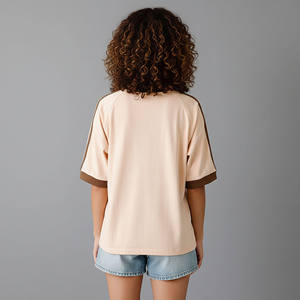 Custom Logo <b>Women's</b> Loose Fit Crew Neck T-Shirt With <b>Brown</b> Stripes Short Sleeve Solid Color Casual Spring Summer Cotton Jersey - Product Image 2