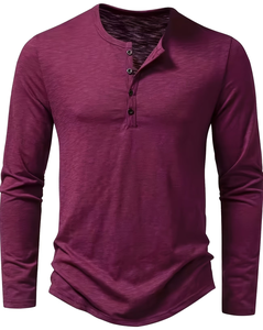Men's Slim Fit Long Sleeve Henley T-Shirt Stand-Up Collar Solid Color Breathable Knitted Cotton Casual Wear <b>Back</b> Logo 220g Made - Product Image 1