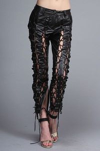 <b>Black</b> Gothic Lace-Up Hollow Out Straight Full Length Breathable Winter High Waist Women's <b>Trousers</b> - Product Image 4