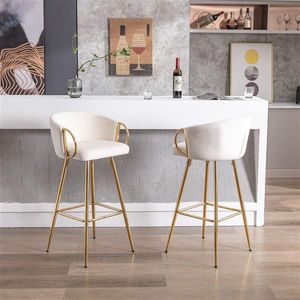 Set di 2 Sgabelli da Bar Moderni Color Crema, 30 Pollici, Design Semplice Antico con Poggiapiedi e Base Cromati, Velluto + Gambe Dorate - Product Image 4