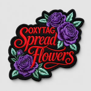 Parche Bordado Oxytag con Flores, Aplique Termoadhesivo, Forma Irregular, Rosas Púrpuras sobre Fondo Negro, Precio Económico, OEM - Product Image 2