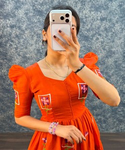 Vestido Largo Informal de Algodón Naranja para Mujer, Bordado, Estilo Étnico, para Fiestas, India, Pakistán, Todas las Temporadas, Secado Rápido - Product Image 2