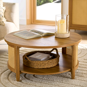 Modern Light Luxury Solid <b>Wood</b> <b>Round</b> <b>Coffee</b> <b>Table</b> With Natural Rattan Side Panels For Hotel Living Room Apartment - Product Image 2