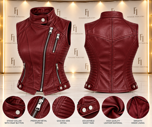 Women's Burgundy Genuine Leather Vest Custom Sleeveless Motorcycle Biker Moto Riding <b>Waistcoat</b> Premium Leather Streetwear Jacket - Product Image 6