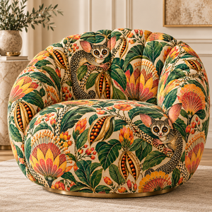 Tissu d'ameublement à imprimé animalier floral botanique, crème, vert, orange, pour meubles et textiles de maison - Product Image 2