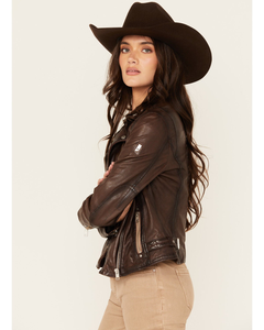 Distressed Brown Leather Moto <b>Jacket</b> Women Horseshoe Back Studded Belted Western <b>Biker</b> Coat Vintage Cowgirl Outerwear - Product Image 4