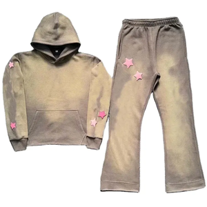 Wholesale 2026 Premium Quality Custom <b>Embroidery</b> Logo Streetwear Acid Washed Distressed Patch Sweatpants And Hoodie <b>Set</b> For Men - Product Image 4