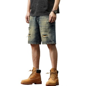 Men's Breathable <b>Y2K</b> Vintage Distressed Denim Shorts Mid Waist Straight Leg Ripped Cotton Casual Summer Streetwear Party Hole - Product Image 1