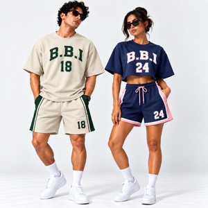 Conjuntos de camiseta y pantalones cortos personalizados para parejas, camiseta oversize color crema para hombre, pantalones cortos, camiseta corta color rosa marino para mujer, pantalones cortos deportivos, conjunto deportivo estilo streetwear. - Product Image 1
