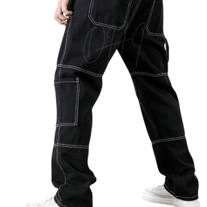 Pantalones vaqueros cargo negros personalizados para hombre, con costuras en contraste, multibolsillos, estilo urbano, corte holgado, ropa de trabajo - Product Image 3
