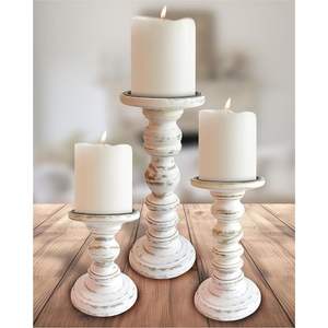 White Distressed Wood Candle Holder <b>Set</b> of 3 Retro Pillar Candle Stand Farmhouse Shabby Chic Wedding Centerpiece Home Decor - Product Image 1