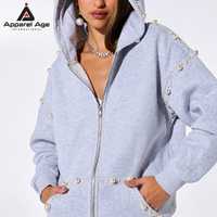 Ensemble de survêtement sportif deux pièces pour femme, personnalisé, avec sweat à capuche zippé surdimensionné brodé de perles et strass et pantalon de survêtement large