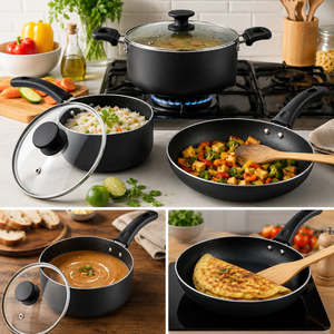 Juego de Utensilios de Cocina Antiadherentes de Primera Calidad |   Cacerola de 24 cm, Sartén de 24 cm, Cacerola para Salsas de 16 cm con Tapas de Vidrio, Juego de Cocina Compatible con Inducción - Product Image 4