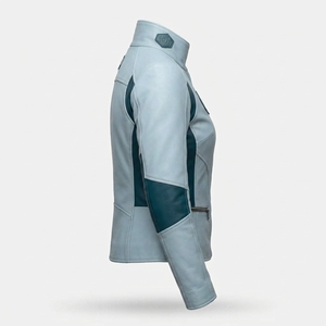 Light Blue Womens <b>Real</b> <b>Leather</b> <b>Jacket</b> High Stand Collar Contrast Color Panel Patch Zipper <b>Biker</b> Motorcycle Outerwear - Product Image 3