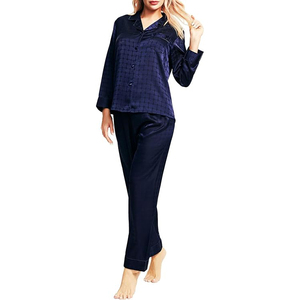 Women's Navy Satin <b>Pyjama</b> Set Half Sleeve Full Length Drawstring Solid Breathable Thermal Elegant Sleepwear 100% Silk Turn-down - Product Image 1