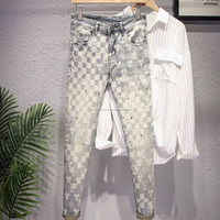 Jean slim homme en denim brodé imprimé léopard, déchiré, avec boutons décoratifs en coton et patchwork, style hip-hop – En stock