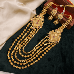 Ensemble de collier long traditionnel plaqué or, bijoux de mariée artificiels mats pour femmes avec boucles d'oreilles Jhumka - Product Image 3