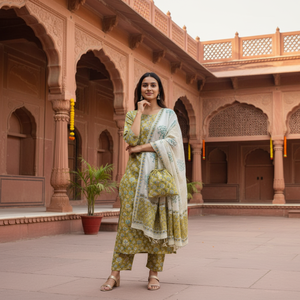 Traje indio floral blanco y verde para mujer |   Conjunto de Salwar Kameez Punjabi de Algodón de Alta Calidad |   Conjunto Étnico de Diseño para Uso Casual - Product Image 5