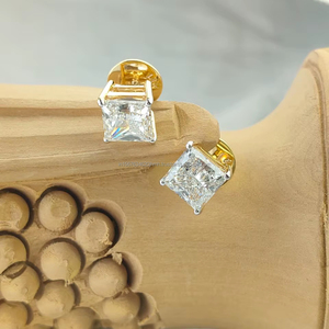 Princess Cut Diamond <b>Stud</b> <b>Earrings</b> in Yellow Gold | Classic Solitaire <b>Studs</b> | Luxury Bridal Wedding Anniversary Gift for Her - Product Image 3