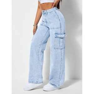 Jeans cargo pour femmes en denim bleu glace style rétro vintage multipoches, écologiques, respirants, style streetwear, 100% coton - Product Image 5
