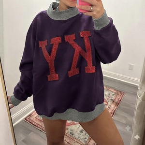 เสื้อสเวตเชิ้ตคอกลมตัวหลวมสำหรับผู้หญิง สีม่วงวิ้ง ประดับตัวอักษร YN ทรงปกติ ผ้าถัก สไตล์ฤดูใบไม้ร่วง - Product Image 1