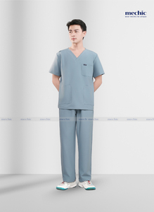 Mechic men's medical uniform in light greyish-blue with V-neck, short <b>sleeves</b>, made of 4-way stretch poly rayon fabric - Product Image 2