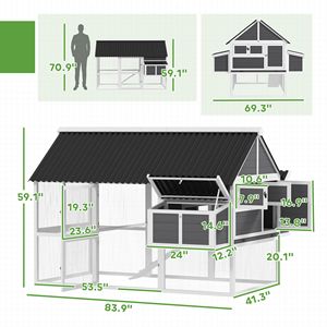 Pollaio in Legno Grigio con Recinto, Nidi e Barre per il Posamento, Gabbia per Polli da 6-8 Esemplari con Rampa e Vassoio Inclusi - Product Image 3