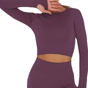 Solid Color Ribbed Gym Set Long Sleeve <b>Crop</b> <b>Top</b> High Waist Seamless Yoga Set Wine <b>Red</b> - Product Image 3
