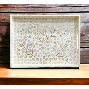 Bandeja Artesanal con Incrustaciones de Madreperla y Diseño del Árbol de la Vida, Plato Decorativo de Lujo con Concha de Capiz Blanca para Servir Café - Product Image 1