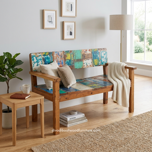 Canapé long rustique artisanal en bois de bateau recyclé, démontable, couleur naturelle, écologique, pour intérieur/extérieur, hôtel, maison, villa - Product Image 4