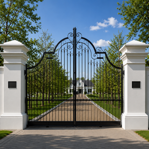 Portail d'entrée en fer forgé noir avec motif festonné pour villa, manoir, jardin – Conception de porte de sécurité - Product Image 1