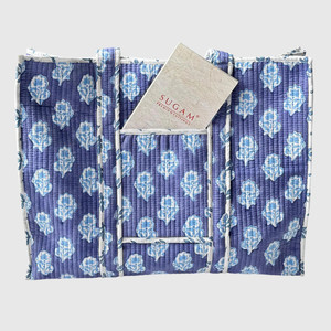 Sac fourre-tout en coton à motif floral bleu, fermeture éclair isolée, style élégant, sac de shopping pour femme toutes saisons - Product Image 4