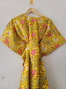 Kimono de Algodón Hecho a Mano para Mujer, Amarillo con Estampado Floral, Estilo Bohemio, Casual, Ecológico, Cintura Alta, Ropa de Resort, Midi - Product Image 6