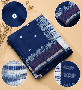 Sari en coton bleu indigo traditionnel indien avec imprimé Bandhani, vêtements ethniques pour femmes, sari tie-dye Shibori avec pièce de tissu pour la blouse - Product Image 5