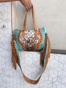 New Stylish Pattern Western Cowhide Leather Hand Tooled Carving Leather Fringe Tote <b>Bag</b> Stylish Purse Leather <b>Bags</b> for Women's - Product Image 5