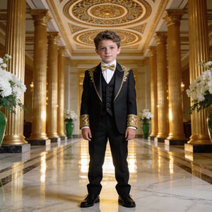 Traje de esmoquin negro bordado de doble botonadura para niños, conjunto de ropa formal para bodas y fiestas - Product Image 1