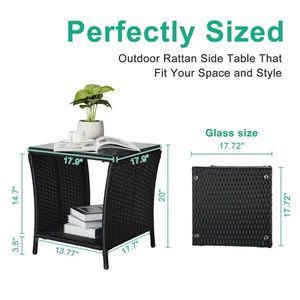 Outdoor Patio Square End Table with Wicker Base Glass Top Bistro Coffee Table with Storage Shelf for Porch Garden Backyard Use - Product Image 1