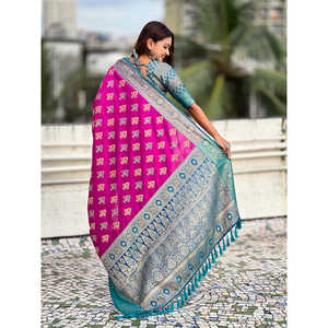 Sari en soie douce violette Elite Weaves, tissé en zari, ikkat patola, avec des tissages contrastés, robes de soirée élégantes, 600g - Product Image 4