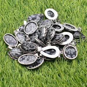 Colliers avec pendentif ovale en obsidienne flocon de neige naturelle, 5 pièces, plaqué argent 925, serti de pierres, bijoux vintage chrétiens unisexes - Product Image 3