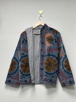 Veste bomber en velours tricoté brodé de style indien, respirante, légère, bohème, écologique, Suzani, col rond, manches longues