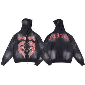 Sudadera con Capucha Negra Desgastada Personalizada para Unisex, 100% Algodón, Invierno, Tejida a Crochet, ODM, Vintage, con Cierre de Cremallera y Botones - Product Image 1