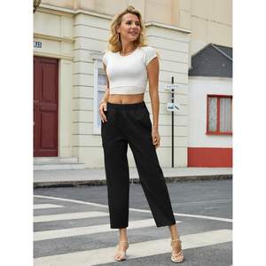 Pantalones Capri de playa de cintura alta de verano para mujer 2025, pantalones cortos de pierna recta con elástico y bolsillos para mujer - Product Image 6