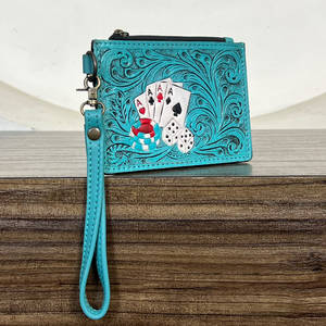 New Personalized Hand Tooled Genuine Leather Small <b>Card</b> <b>Holder</b> Wallet Turquoise Leather Poker Design <b>Slim</b> Coin Storage Purse - Product Image 3