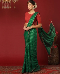 Sari de Georgette Bollywood para Mujer KV, Tejido, Adornado, Reversible, Sin Arrugas, para Otoño (Verde) - Product Image 4