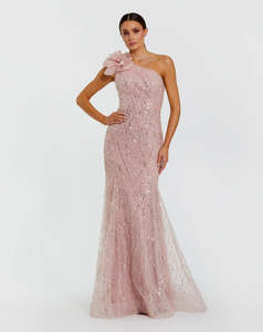 Robe de soirée fourreau rose poudré à une épaule, en satin anti-plis, à motif géométrique, ornée de sequins et d'appliques florales, longueur ras du sol - Product Image 4