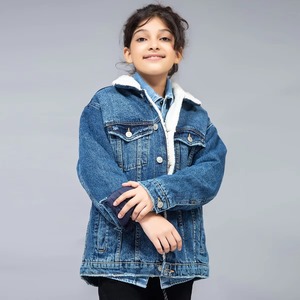 Kids Girls Blue Oversized Denim <b>Jacket</b> with <b>White</b> Sherpa Collar Button Up Casual Jean <b>Jacket</b> OEM Wholesale Factory Supply - Product Image 1
