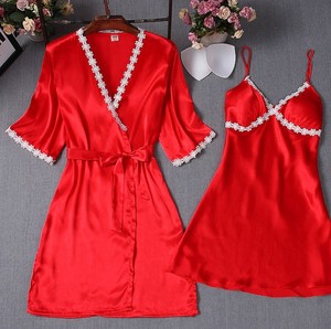 Ensemble de robe de chambre pour femme avec dentelle, col en V, chemise de nuit et peignoir à manches courtes, longueur genou - Product Image 5